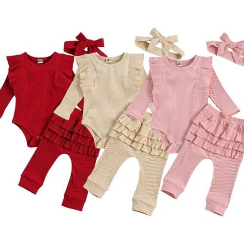 New Born Baby Girl Set Suit Cotton Ribbed Suit Solid Color Crew Neck Lace Long Sleeve Top Ruffled Pants Hairband 3-piece Suits