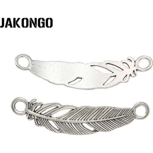 JAKONGO Antique Silver Plated Feather Connectors Charm Pendant Jewelry Making Findings Accessories DIY Handmade 46x10mm