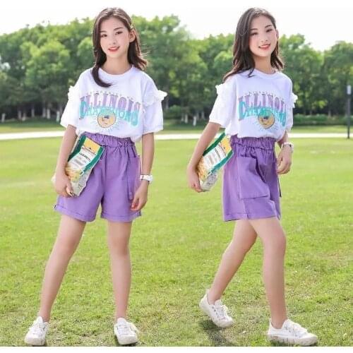 Girl suit 2021 new big girl dress foreign style girl white Prinetd Tops + Shorts Set Casual Outfits 5 6 7 8 9 10 11 12 years old