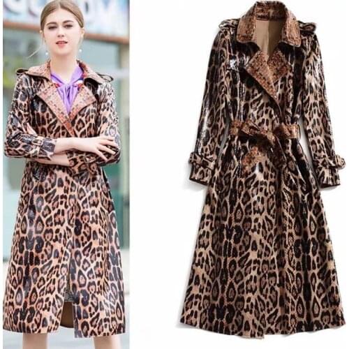 Women Slim Leopard Print Faux Leather Long Jacket Female Office Ladies Spring Fall Long PU Coat Windbreaker Clothes