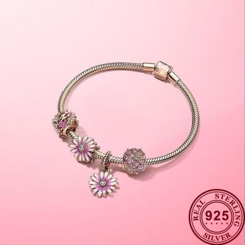 2020 New 925 Pure Silver Rose Gold Shining Daisy Pan Bracelet Set Fashion Romantic Sweet Gift