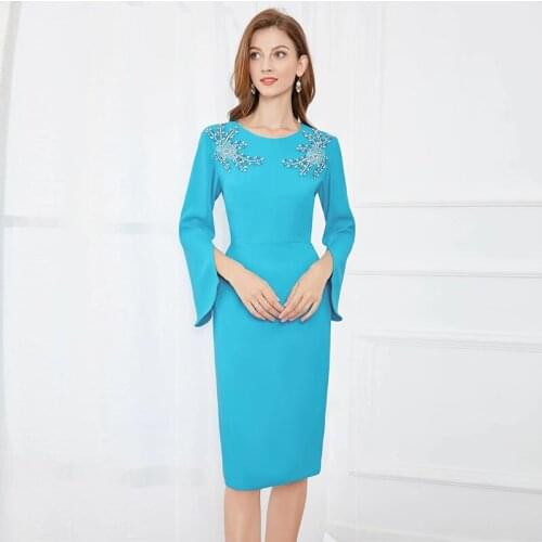 MIUXIMAO 2021 New Autumn Womens Clothing O-Neck Beading Long Sleeve Slim Waist Dress Elegant Fashion Office Style