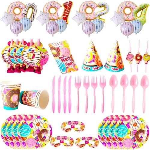 New Donuts Theme Party Disposable Tableware Birthday Party Baby Shower Wedding Decoration Supplies Plastic Plate Cup Knife Spoon