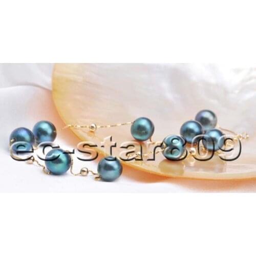 P5954 AAA++ 18" 9mm Peacock Black Round AKOYA Pearl 14k Solid Gold Bead Chain Women Fine Jewelry