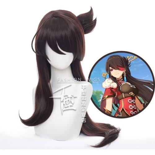 2021 New Genshin Impact Cosplay Beidou Wig Removable Bun Brown Long Straight Bangs Heat Resistant Hair Adult Halloween Role Play