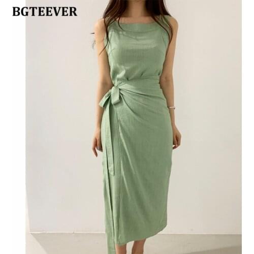 BGTEEVER Vintage Sleeveless Lace-up Women One Piece Dress Summer Slim Waist Split Ladies Cotton and Linen Casual Vestidos 2021