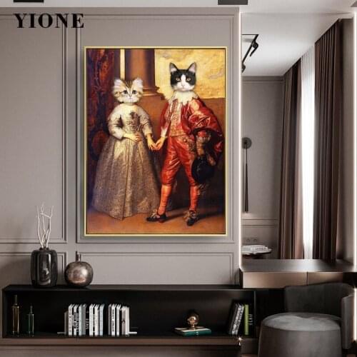 Retro Cat Family Lover Banquet Party Posters and Prints Abstract European Palace Animals Canvas Pictures Wall Art Decor Painting