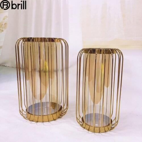 European Style Glass Vase Gold Candle Holders Metal Geometric Candlestick Windproof Living Room Candelabros Decorativos De Velas
