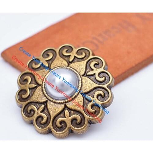 10X 30MM Vintage Brass Western Biker Celtic Flower Carved Artificial Grey Pearl Beads Leathercraft Belt Saddle Concho