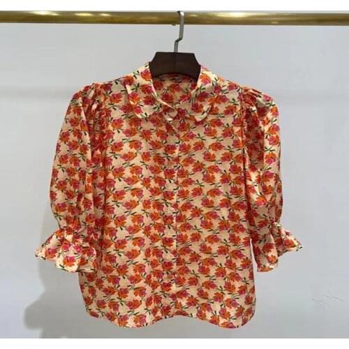 Runway Fashion 100% Silk Shirt 2021 Spring Summer Turn Down Collar Flower Print 3/4 Flare Sleeves Party Office Ladies Blouse