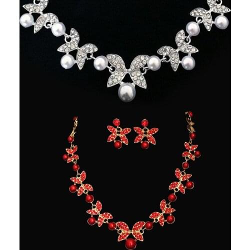 Women Faux Pearl Rhinestone Chain Necklace Stud Earrings Bridal Party Wedding Jewelry Set For Female Accessory