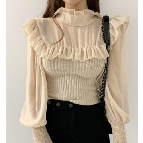 Korean Early Autumn Elegant Temperament Half High Collar Ruffled Slimming Lantern Sleeve Knitted Chiffon Stitching Shirt Women