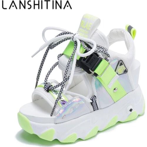 Women Summer Mix Color New Chunky Platform Sandals Hollow Out 9CM Wedge Heels Beach Sandals Woman Thick Bottom Gladiator Shoes