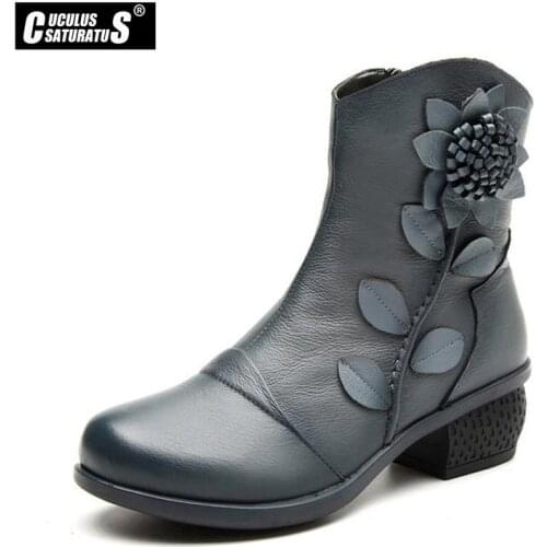 Cuculus Womens Fashion Winter Warm Genuine Leather Ankle Boots Women Oblique Zipper Floral Boots for Women Red Black Blue 1797