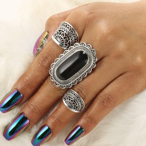 3PCS Punk Fashion Big Black Stone Vintage Rings For Women Jewelry Gothic Personality Midi Finger Rings Femme Bijoux