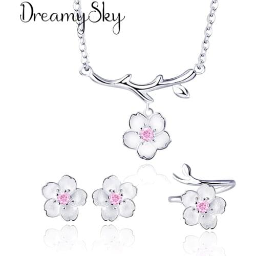 Fashion Wedding Bridal Jewelry Sets Silver Color Cherry Blossoms Flower Necklace Crystal Earrings Rings for Women Jewelry