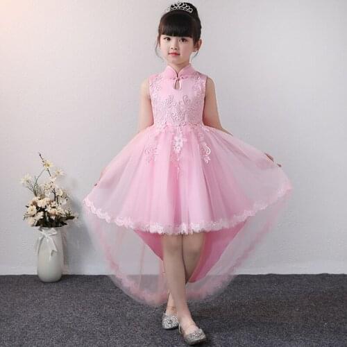 Flower Girl Tail Dress Bow Lace First Communion Dresses For Girls Elegant Sleeveless Sequined Christmas Ball Gowns
