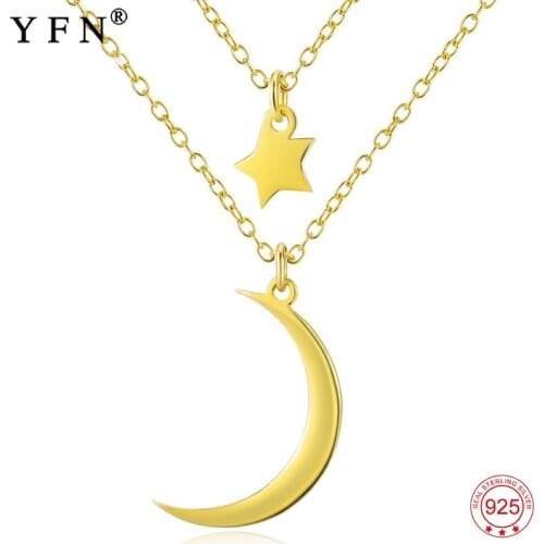 Genuine 925 Sterling Silver Necklace Women Double Layer Chain Necklaces with Moon and Star Charms Choker Gold Necklace GNX0488