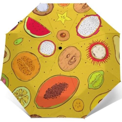 Wind Resistant Fully-Automatic Umbrella Colored Sketch Exotic Fruit Rain 3 Folding Parasol Travel Car Umbrella