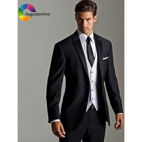 Italy Style Custom Made Black Men Suits for Wedding White Vest Best Man Blazers Jacket Slim Fit Groom Tuxedos 3 Pieces Pants