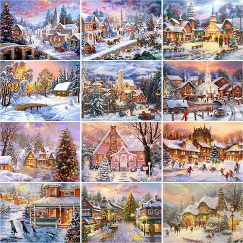 MomoArt Diamond Embroidery House Picture Rhinestone Diamond Mosaic Landscape Full Drill Square Painting Christmas Tree Wall Art