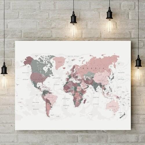 World Map Canvas Print Blush Pink & Hunter Green Map of the World Poster Dorm Decor Modern Wall Art Picture Painting Decoration