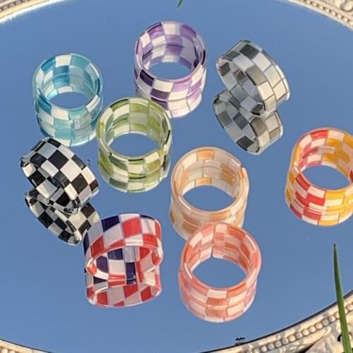 Kpop Fashion Vintage Simple Aesthetic Acetate Colorful Grid Acrylic Round Rings For Women Girls Jewelry Accessories Gifts 2021