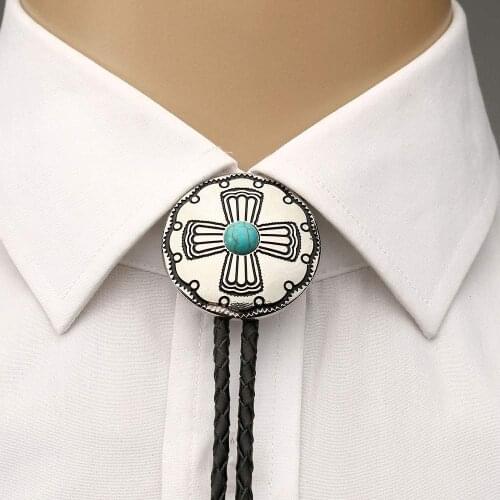 Metal cross tuquois round pandent bolo tie for man Indian cowboy western cowgirl leather rope zinc alloy necktie