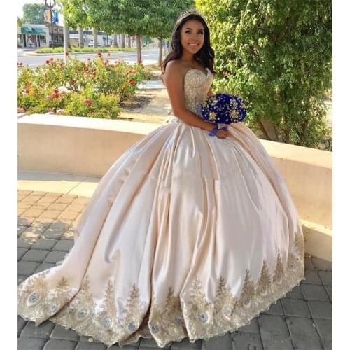 Sweetheart Beading Champagne Quinceanera Dresses with Gold Lace Ball Gown Prom Formal Gowns Sweet 16 Dress vestidos de 15 anos
