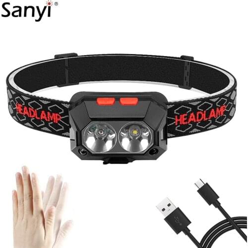 USB Rechargeable Mini Headlamp 4 Modes Double LEDs White + Red Headlight Motion Sensor Bicycle Head Light Waterproof Flashlight