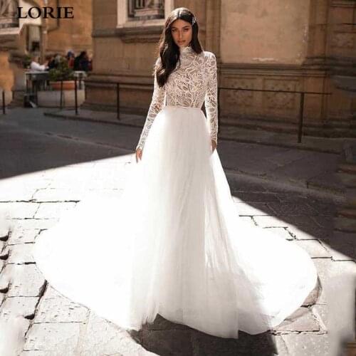 LORIE A Line Muslim Wedding Dresses Long Sleeve High Neck Lace Boho Bride Dresses Vestidos de novia