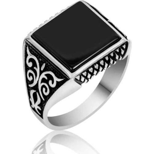 Silver Square Onyx Stone Pattern Men 'S Ring