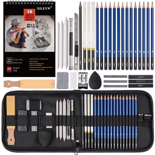 37Pcs Sketch Set Painting Pencil Set Carbon Pen Sketch Book Highlight Paper Pen Plastic Eraser Cute School Supplies