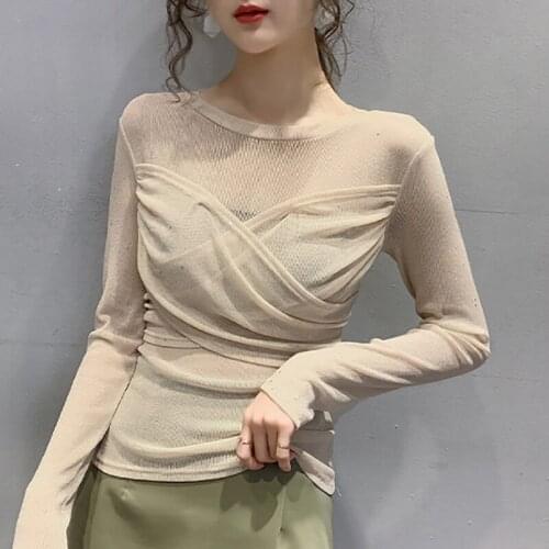 Clothes For Women 2021 Fall Mesh T-Shirt Fashion Sexy Shiny Bright Silk Patchwork Ladies Tops Long Sleeve Pullover Thin slim Tee