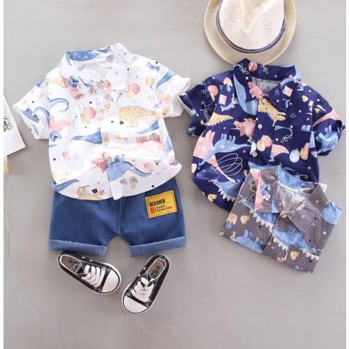 Newborn Boys Gentleman Clothes Outfit Suit Set Baby Dinosaur Print Shirt Denim Shorts Baby Boy Summer Clothes For Kids Outfit