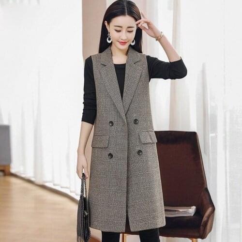 Autumn And Winter Jacket Women Korean Plaid Suit Vest Mid-Length 2021 Spring Slim Waistcoat Sleeveless Blazer Windbreaker M650