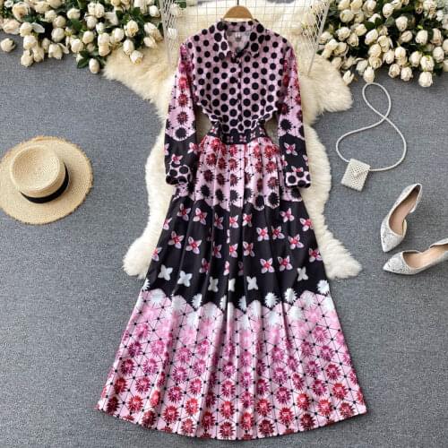 Autumn French Vintage Maxi Dress 2021 Sundress Ladies Long Sleeve Orange Flower Polka Dot Chiffon Pleated Dresses Femme Robe New