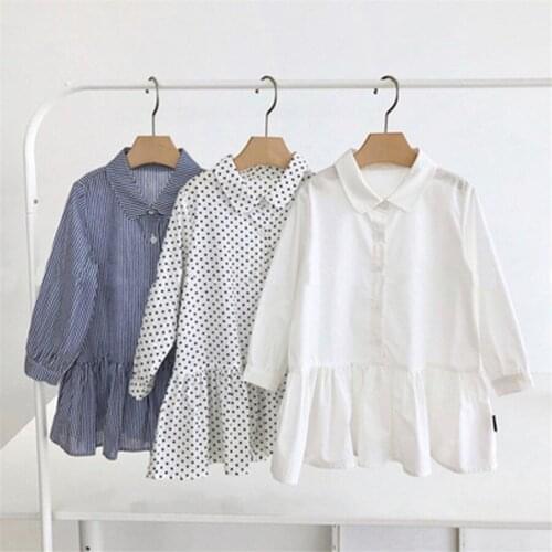 Toddler Girl Dresses Fashion Casual Long Sleeve Kids Dresses For Girls Cotton Dot Stripes Lapel Shirts Dress Kids Clothing 2019
