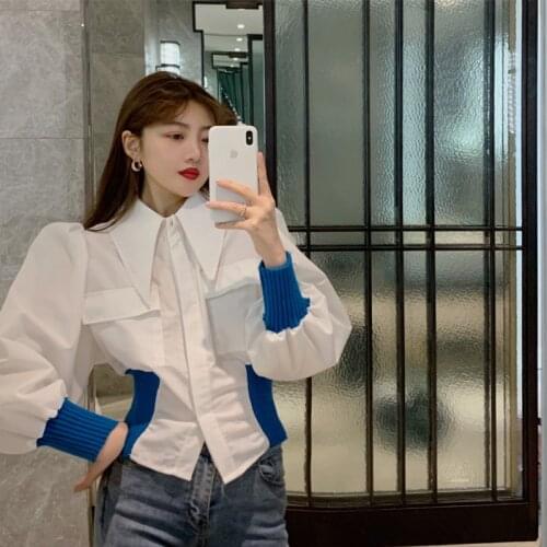 Solid Lantern Sleeve Top New Design Retro Turn Down Collar Loose Women Shirts