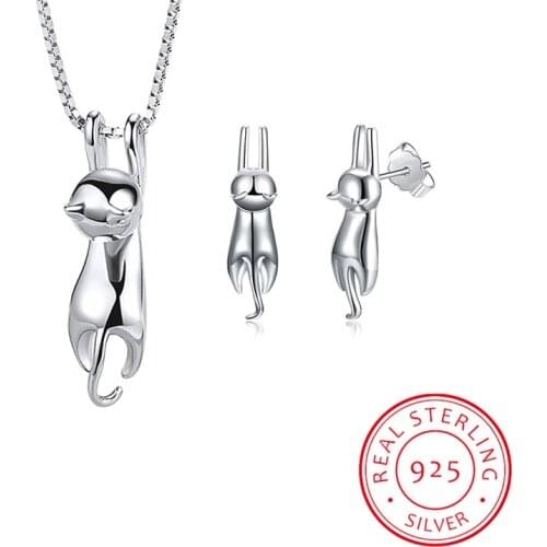 S925 Stamp 925 Sterling Silver Jewelry Sets Lovely Animal Cat Necklace+Earrings For Women Girl Gift