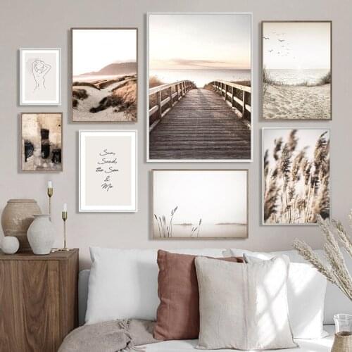Scandinavian Nature Landscape Canvas Painting Grass Bridge Beach Sunset Wall Art Poster Nordic Print Modern Picture Home Decor