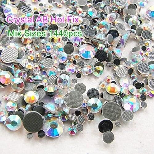 Mixed Sizes! 5 Sizes Crystal AB 1440pcs DMC HotFix FlatBack with Glue SS6.SS10.SS16.SS20.SS30 Rhinestones Hot Fix iron-on Stones