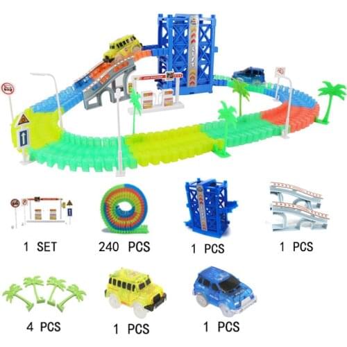 Glowing Flexible Track LED Car Toy 180 240pcs Ramp Track+1pc LED Car+Lift Racing Track Collection Childrens Birthday Gift