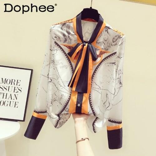 Temperament Printed Cute Bow Chiffon Blouses Women 2021 Spring Clothes New Long-Sleeved Business Ladies Shirt Loose Tops Mujer