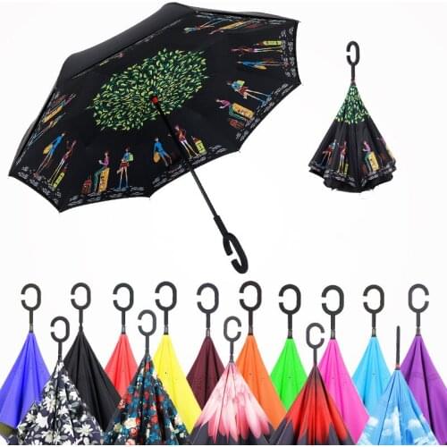 Windproof Reverse Folding Double Layer Inverted Chuva Umbrella Self Stand Rain Protection C-Hook Hands For Car Umbrella