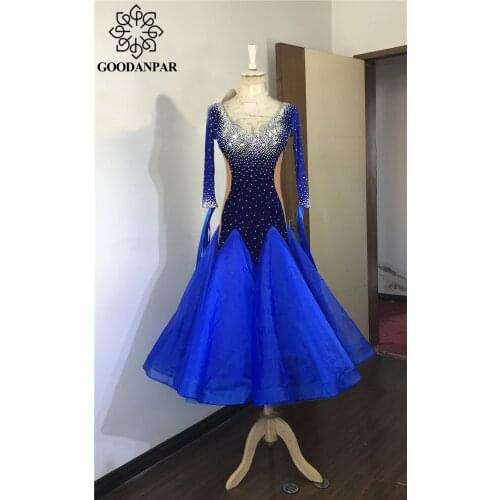 GOODANPAR Ballroom Dance Skirt Long Sleeve Backless Dance Wear For Girls Sexy Stones Waltz Flamenco Tango Standard Dance Dresses