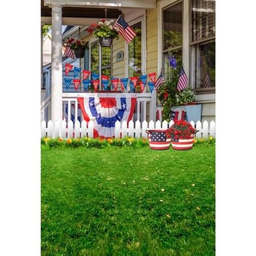 Residential House Photography Background Wooden House With Blue And Red Flags White Fence On The Lawn For Independence Day Decor