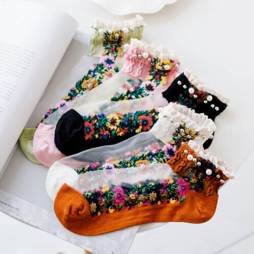 1 Pair Embroidery Flowers Socks Transparent Lace Mesh Pearl Beads Glass Socks Net Yarn Thin Women Gauze Sock