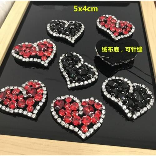 5pcs/lot Red heart rhinestone patch beaded embroidery Lace fabricblack applique patches Clothes decorative crystals patch