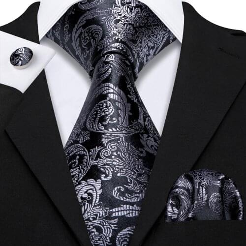Black Silk Men Tie Classic Necktie Paisley Tie Set Hanky Cufflinks Cravat Men Accessory For Wedding Business Party Barry.Wang
